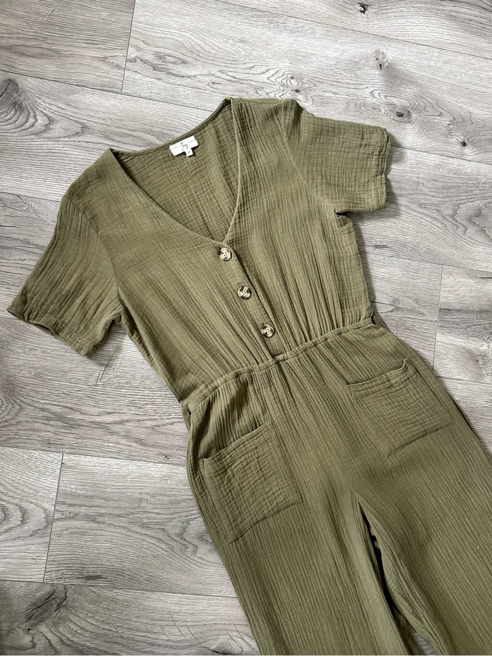 Ivy Olive Green Cotton Gauze Button Front Wide Leg Jumpsuit XS
